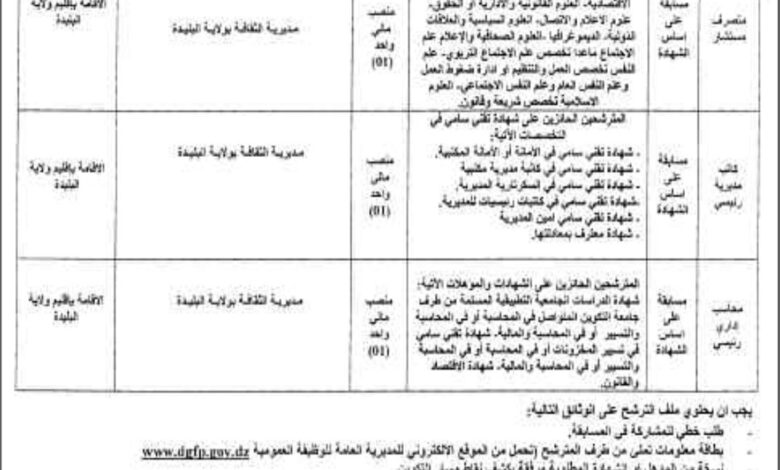 اعلان مسابقة توظيف في مديرية الثقافة والفنون لولاية البليدة