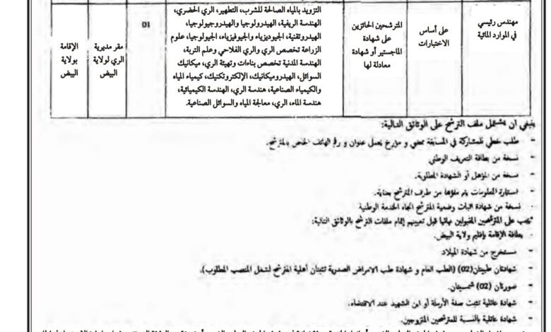 اعلان توظيف بمديرية الري لولاية البيض