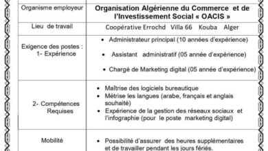 اعلان مسابقة توظيف بالمنظمة الجزائرية للتجارة والاستثمار الاجتماعي OACIS