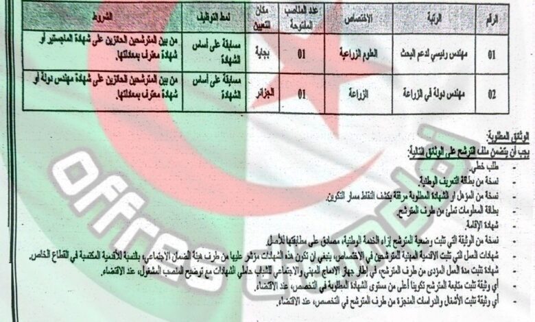 اعلان توظيف بالمعهد الوطني الجزائري للأبحاث الزراعية