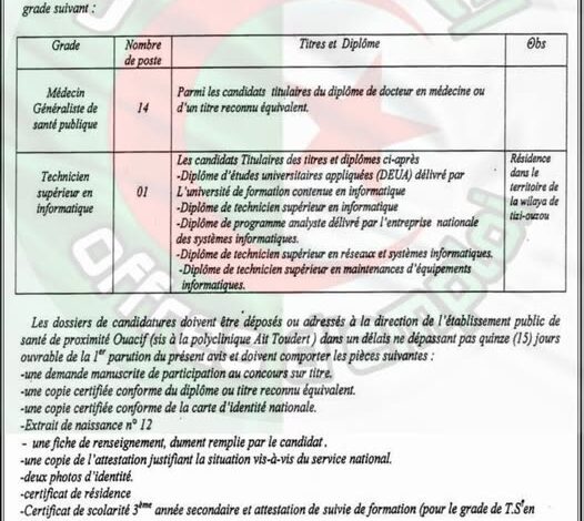 اعلان توظيف بالمؤسسة العمومية للصحة الجوارية واقيف تيزي وزو