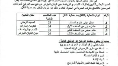 اعلان مسابقة توظيف بالمعهد الوطني لتكوين إطارات الشباب والرياضة عين البنيان الجزائر
