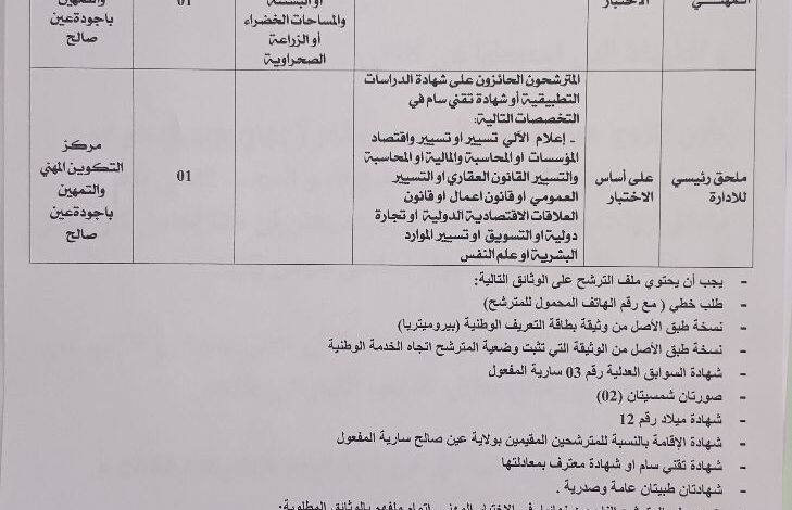 اعلان توظيف بالمركز التكوين المهني والتمهين باجودة عين صالح