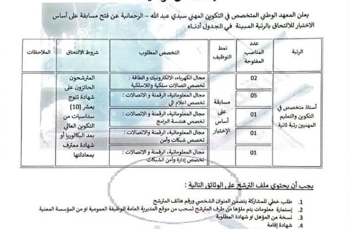 اعلان توظيف بالمعهد الوطني المتخصص في التكوين المهني سيدي عبد الله الرحمانية بالجزائر