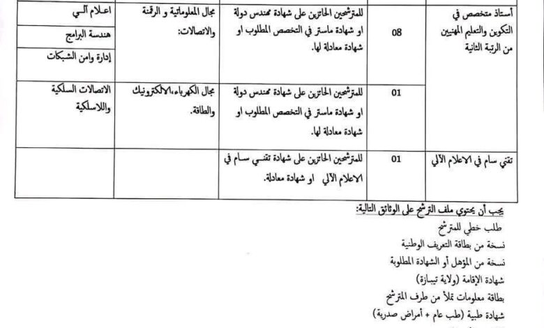 مسابقة توظيف بالمعهد الوطني المتخصص في التكوين المهني - بوسماعيل تيبازة