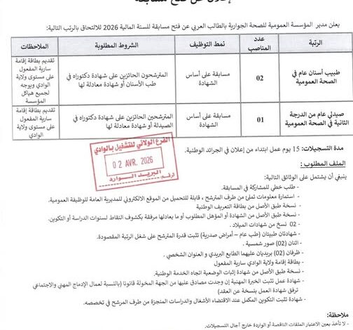 اعلان توظيف بالمؤسسة العمومية للصحة الجوارية بالطالب العربي بالوادي