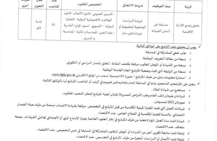 اعلان توظيف بالمجلس الشعبي البلدي لبلدية شير ولاية باتنة