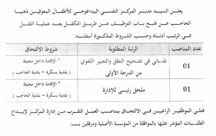 اعلان توظيف بالمركز النفسي البيداغوجي للأطفال المعوقين ذهنيا
