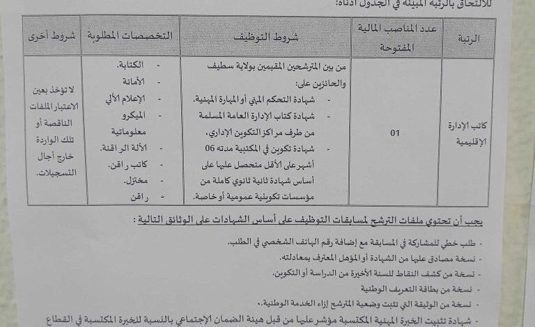 اعلان توظيف المجلس الشعبي البلدي لبلدية عين لقراج ولاية سطيف