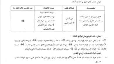 اعلان توظيف بالمعهد الوطني المتخصص في التكوين المهني الشهيد طيبي رابح بوسعادة