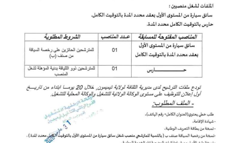 اعلان مسابقة توظيف في مديرية الثقافة والفنون لولاية تيميمون