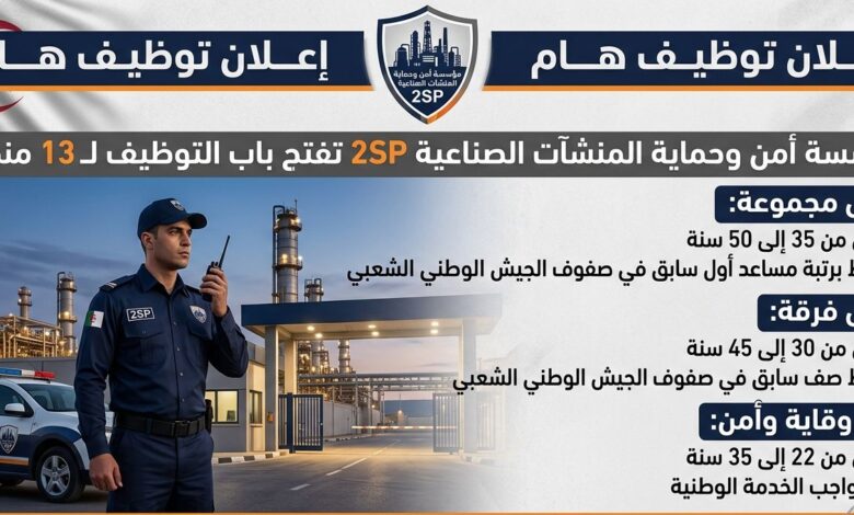 مؤسسة أمن وحماية المنشآت الصناعية 2SP تفتح باب التوظيف لـ13 منصب