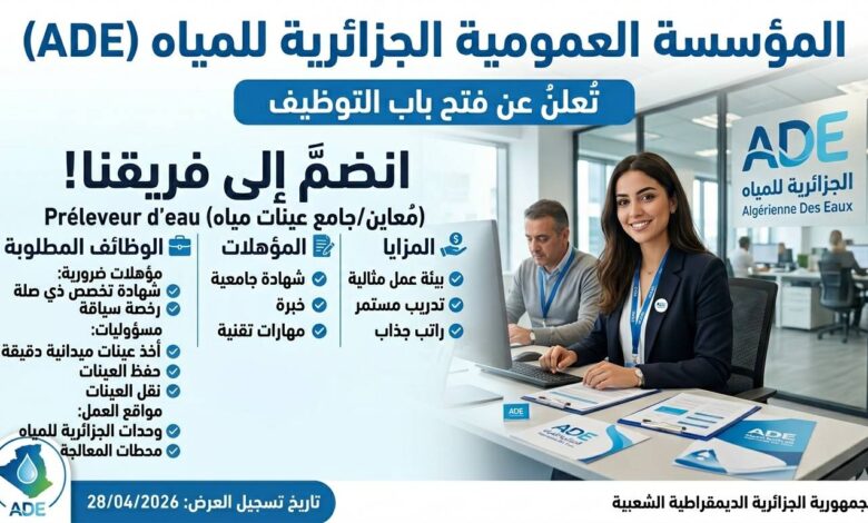 المؤسسة العمومية الجزائرية للمياه ADE تعلن عن توظيف