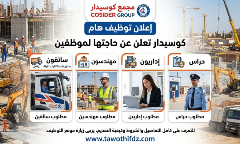 كوسيدار تعلن عن حاجتها لسائقين، مهندسين، إداريين وحراس – تفاصيل وشروط