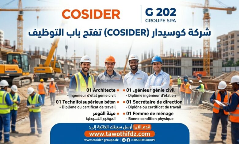 شركة كوسيدار COSIDER G 202 تفتح باب التوظيف مختلف التخصصات