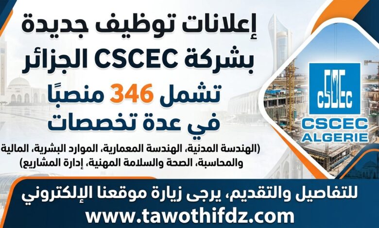 عروض توظيف جديدة بشركة CSCEC الجزائر تشمل 346 منصب بعدة تخصصات