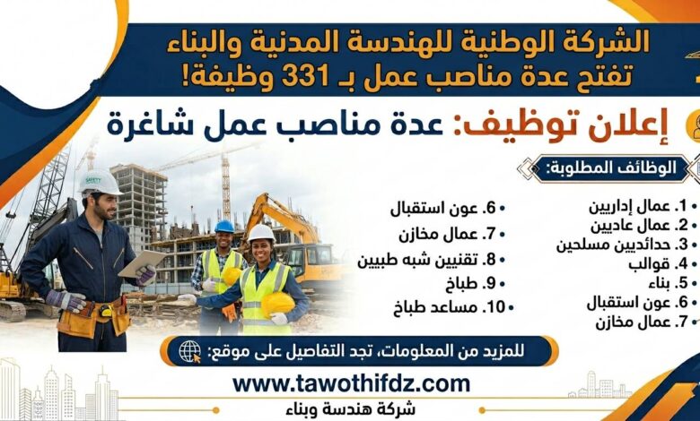 الشركة الوطنية للهندسة المدنية والبناء تفتح عدة مناصب عمل بـ331 وظيفة