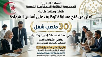هيئة هامة في الدولة تعلن عن فتح مسابقة توظيف على أساس الشهادة 30 منصب