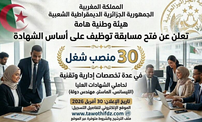 هيئة هامة في الدولة تعلن عن فتح مسابقة توظيف على أساس الشهادة 30 منصب