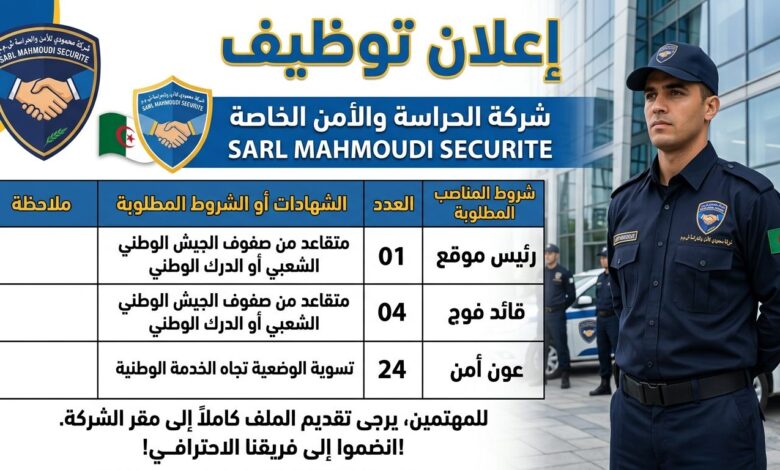 شركة للحراسة والأمن الخاصة SARL MAHMOUDI SECURITE توظف أعوان أمن