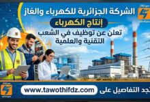 الشركة الجزائرية للكهرباء والغاز - إنتاج الكهرباء - تعلن عن توظيف في الشعب التقنية والعلمية