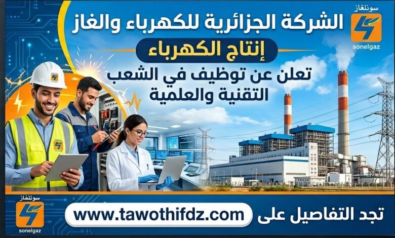 الشركة الجزائرية للكهرباء والغاز - إنتاج الكهرباء - تعلن عن توظيف في الشعب التقنية والعلمية