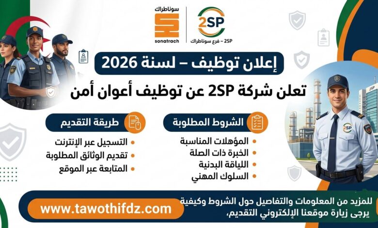 شركة 2SP التابعة لسوناطراك تعلن عن توظيف أعوان أمن 2026 – الشروط وطريقة التقديم.