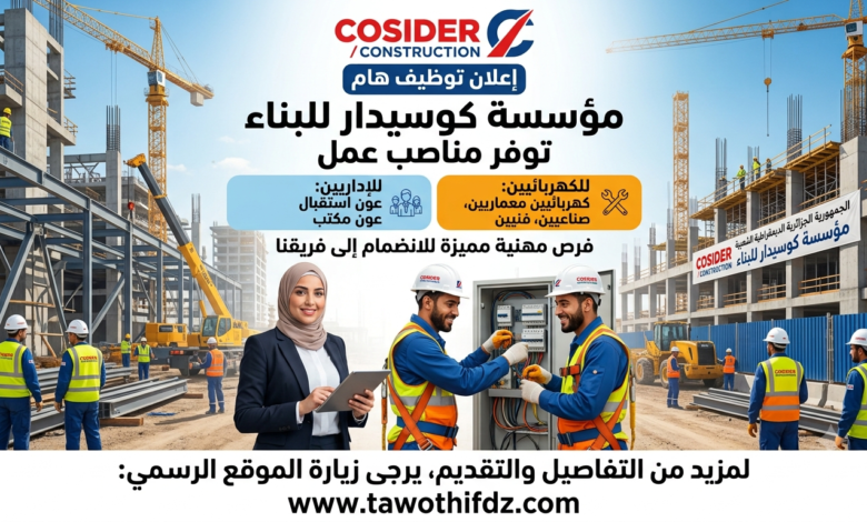 مؤسسة كوسيدار COSIDER CONSTRUCTION توفر مناصب عمل للإداريين والكهربائيين