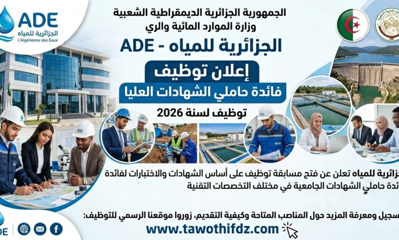 توظيف بالجزائرية للمياه 2026.. إعلان رسمي لفائدة حاملي الشهادات