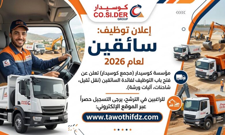 إعلان توظيف سائقين في مؤسسة كوسيدار 2026