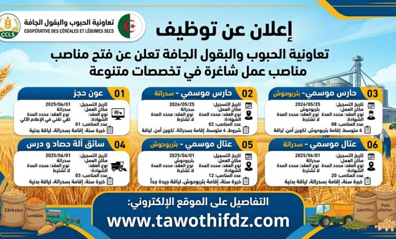 تعاونية الحبوب والبقول الجافة تعلن عن مناصب عمل شاغرة في تخصصات متنوعة