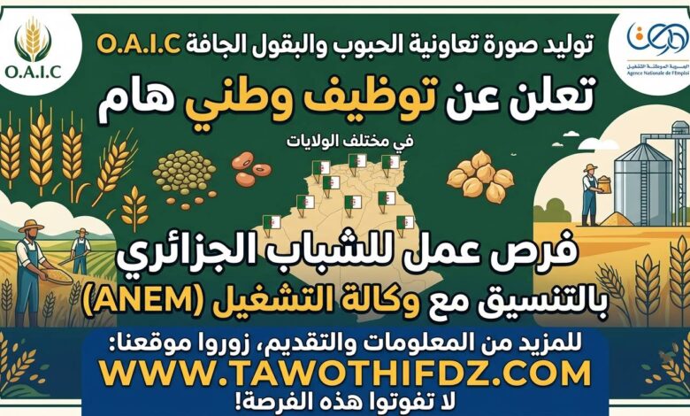 تعاونية الحبوب والبقول الجافة O.A.I.C تعلن عن توظيف في مختلف الولايات بالتنسيق مع وكالة التشغيل (ANEM)