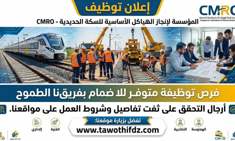 اعلان توظيف بالمؤسسة لانجاز الهياكل الأساسية للسكة الحديدية CMRO