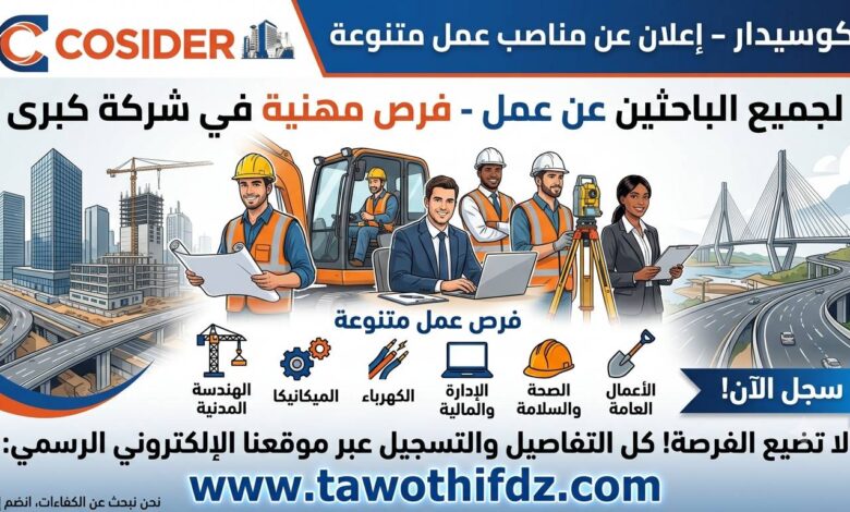 كوسيدار تعلن عن مناصب عمل متنوعة لفائدة الباحثين عن عمل