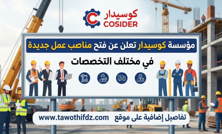 مؤسسة كوسيدار تعلن عن فتح مناصب عمل جديدة في مختلف التخصصات
