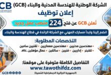 الشركة الوطنية للهندسة المدنية والبناء GCB تعلن عن فتح 224 منصب عمل جديد
