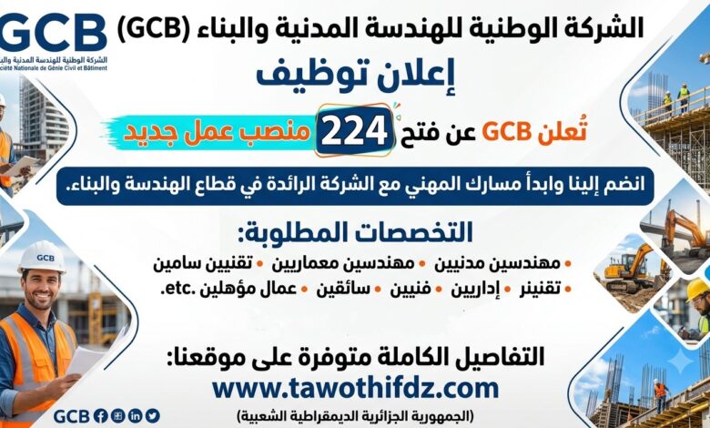 الشركة الوطنية للهندسة المدنية والبناء GCB تعلن عن فتح 224 منصب عمل جديد