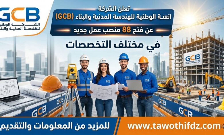 الشركة الوطنية للهندسة المدنية والبناء GCB تعلن عن فتح 88 منصب عمل في مختلف التخصصات