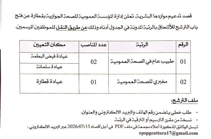المؤسسة العمومية للصحة الجوارية بقطارة تعلن عن فتح باب الترشح