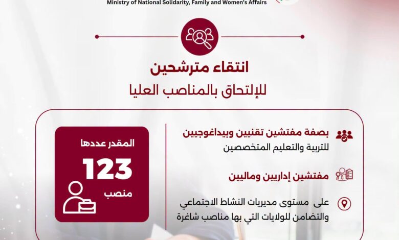 وزارة التضامن الوطني تعلن عن انتقاء لتعيين 123 مفتشًا في مناصب عليا عبر 58 ولاية