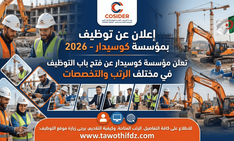 توظيف بمؤسسة كوسيدار 2026 في مختلف الرتب والتخصصات