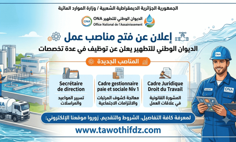 الديوان الوطني للتطهير (ONA) يعلن عن فتح مناصب عمل في عدة تخصصات