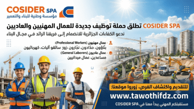 مؤسسة COSIDER SPA تطلق حملة توظيف جديدة للعمال المهنيين والعاديين