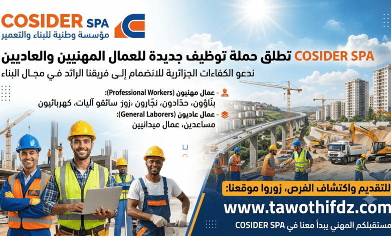 مؤسسة COSIDER SPA تطلق حملة توظيف جديدة للعمال المهنيين والعاديين