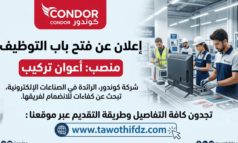 شركة كوندور تعلن عن فتح باب التوظيف لشغل منصب أعوان تركيب