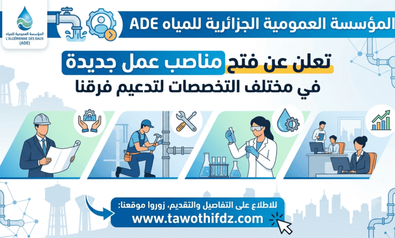 المؤسسة العمومية الجزائرية للمياه ADE تعلن عن فتح مناصب عمل جديدة بمختلف التخصصات