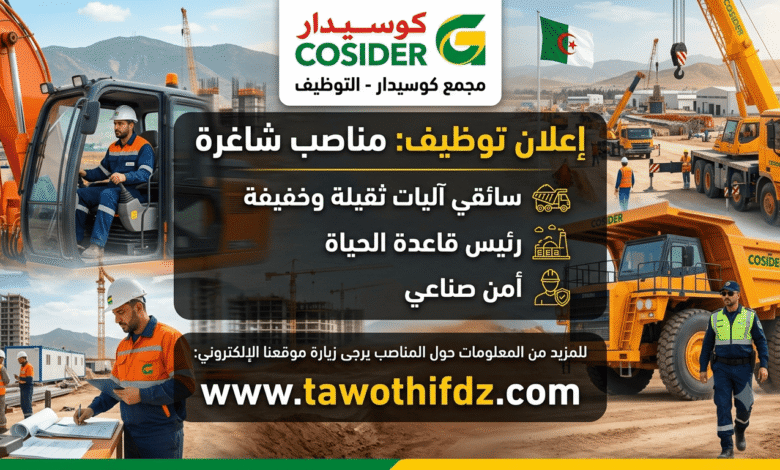 التوظيف في Cosider.. مناصب شاغرة لسائقين آليات ورئيس قاعدة الحياة وأمن صناعي
