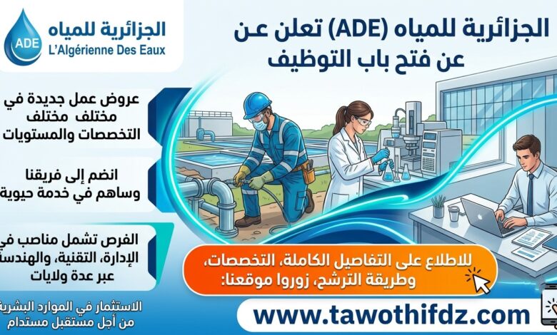الجزائرية للمياه (ADE) تعلن عن عروض عمل جديدة.. التفاصيل وطريقة الترشح
