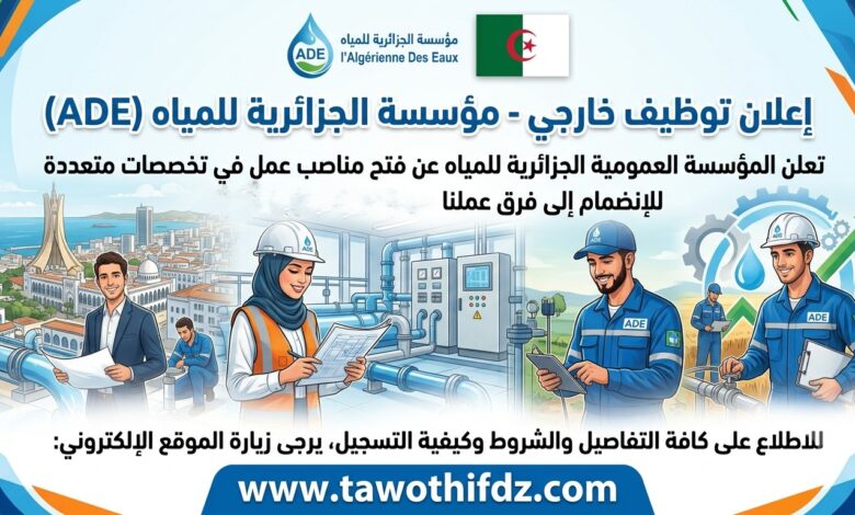 المؤسسة العمومية الجزائرية للمياه (ADE) تعلن عن فتح مناصب عمل