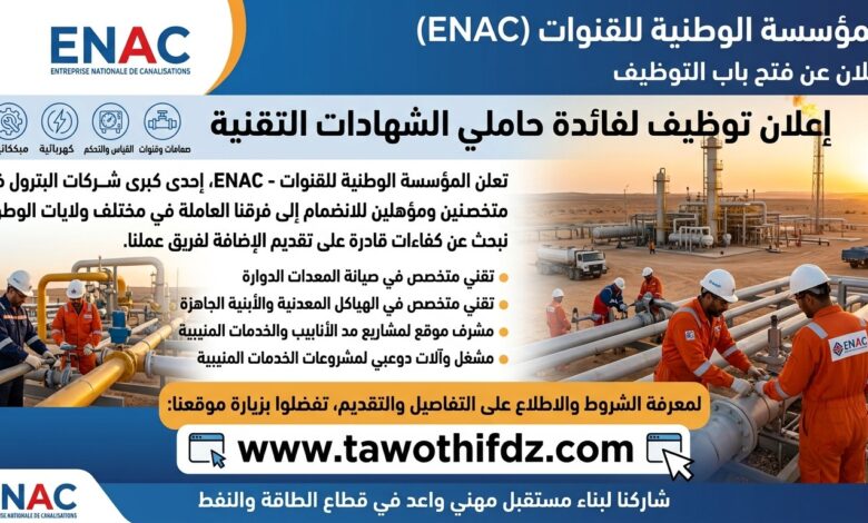 عرض عمل بالمؤسسة الوطنية للقنوات ENAC لفائدة حاملي الشهادات التقنية